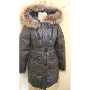 Atelier Noir Puffer Parka Coat Fur Hood Belted Women size XS Olive black leather